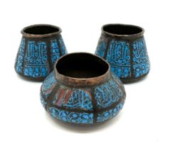 3 Copper and enamel Islamic Qajar Persian pots, all over calligraphy