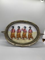 Oritental hand painted porcelain silver plated tray, missing leg