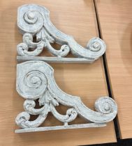 Two Vintage white wash wooden shelf brackets measures approx 16 inches wide by 11 inches tall