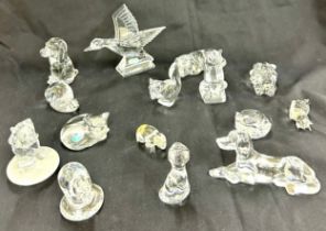Selection of solid glass animal ornaments to include dogs, squirrel, frog, cow etc