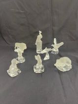 Selection of Crystal base frosted glass paper weights includes Fish, Dogs, Cat, Lion etc