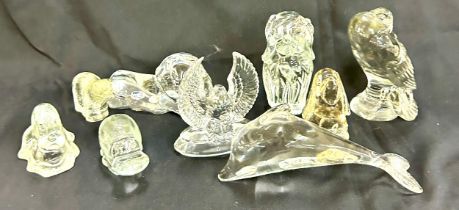 Selection solid glass animal ornaments to include bords, dogs, dolphin etc