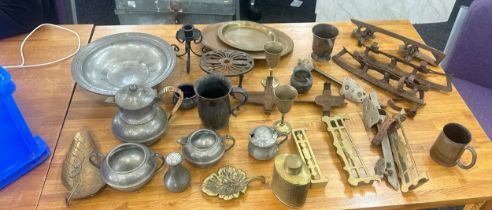 Selection of pewter and brassware to include trivets, legged bowl, goblets, ice skates etc