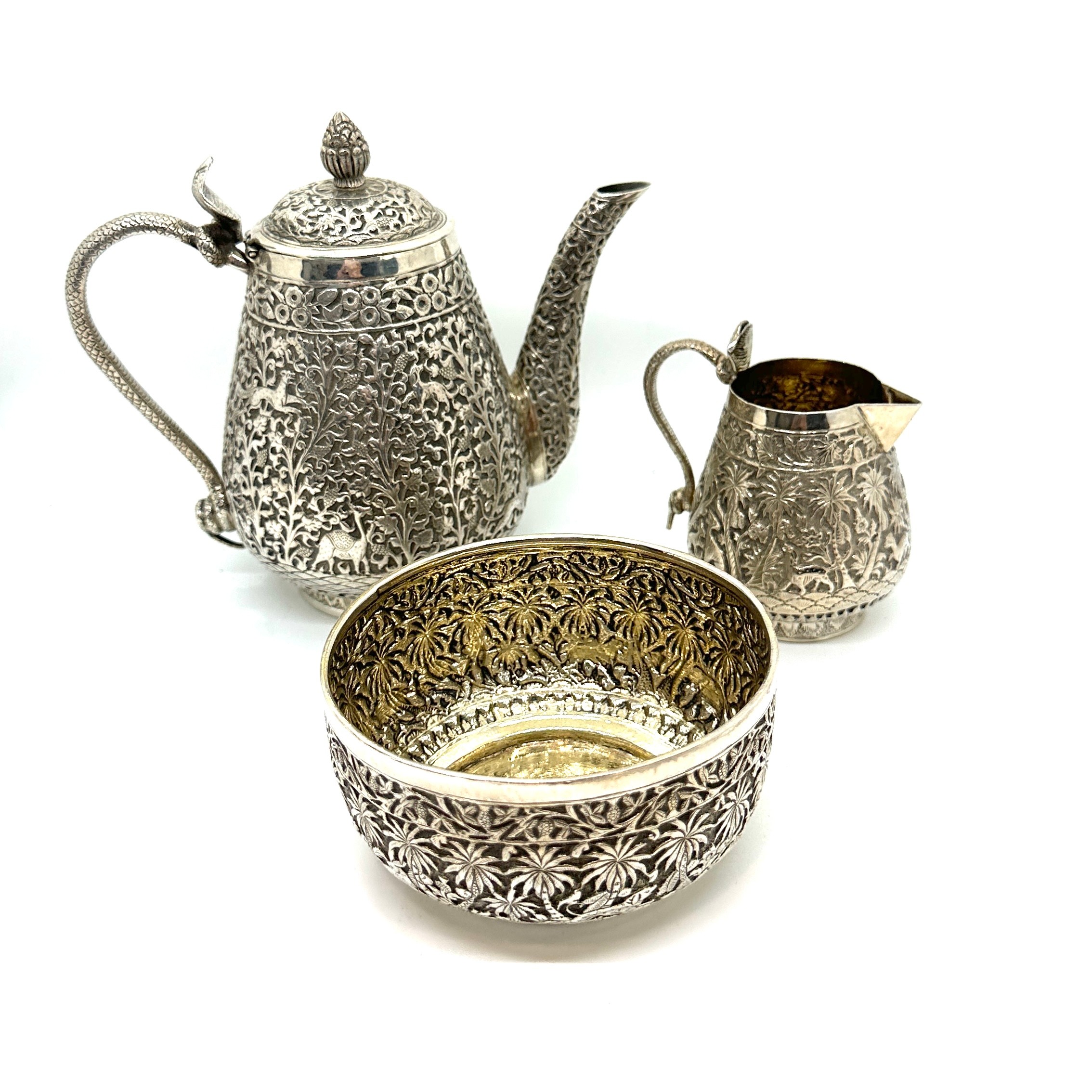 Antique unmarked Indian silver tea set, approximate weight 460g