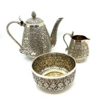 Antique unmarked Indian silver tea set, approximate weight 460g