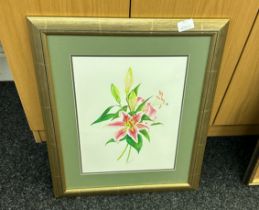 Framed painting depicting a Lily flower - signed GM Walker 99 measures approx 23 inches tall by 19