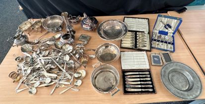 Box of antique and vintage silver plate to include cased set of silver handled knives etc