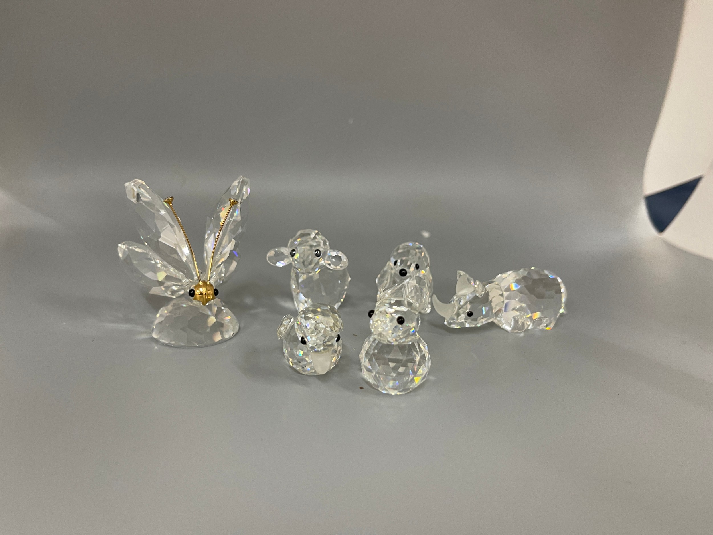 Selection of 6 Swarvoski glass figures includes Butterfly, lamb, rhino etc