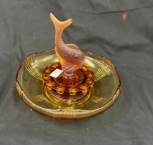 1930s amber glass flying fish bowl