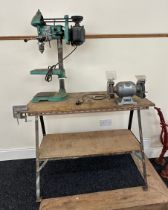 Hilka half horse power 240 volt grind stone, pillar drill, corner vice, fixed to bench,