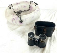 Vintage glass light shade and a set of binoculars