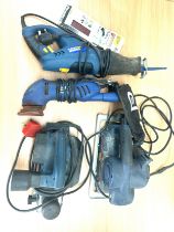 Selection of power tools to include power reciprocating saw, sander, Bosch planer, all in working
