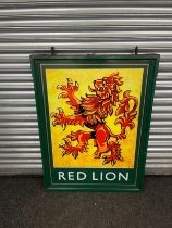 Large wall hanging double sided advertising Red Lion pub sign, measures approximately 48 inches by