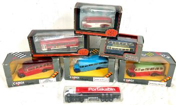 Boxed selection of Corgi and Exclusive first editions vehicles to include Bedford type OB coach,