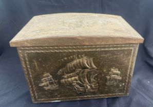 Brass top coal box, approximate measurements: Height 12 inches, Width 16 inches, Depth 11 inches