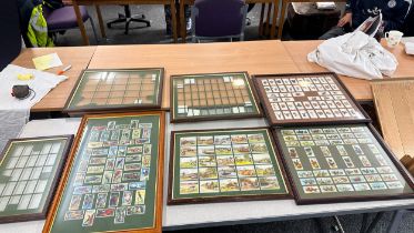 Selection of Framed cigarette cards, largest measures approximately 28 inches tall