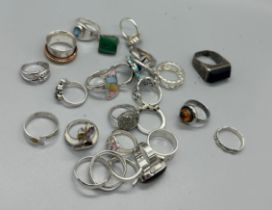 Selection of silver rings includes topaz, enamel, garnet etc