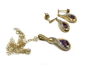 2x 9ct gold amethyst & diamond earrings & necklace set (2.5g)