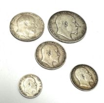 5 Edward v11 silver coins inc 1906 half crown 1909 florin 1908 shilling 1907 sixpence & 1908 3p