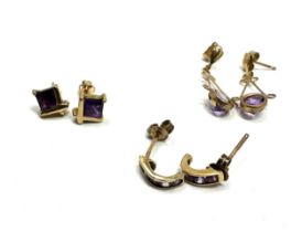 3x 9ct gold amethyst earrings (2.6g)