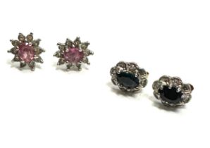 2x 9ct gold ruby, sapphire & diamond cluster earrings (2.5g)