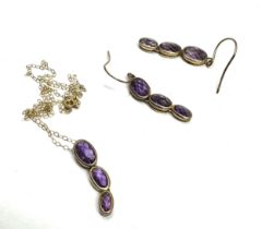 2x 9ct gold amethyst drop earrings & necklace set (3.7g)