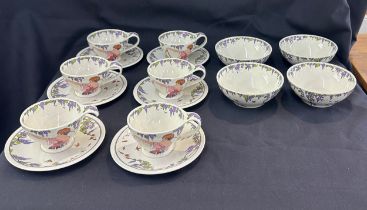 Selection of Villeroy & Boch Depuis 1748 design 1900 cups, saucers, and bowls - one cup has lost its