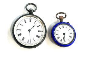 Two vintage pocket watches one silver one enamel - largest measures approx 1.5 inches diameter, both