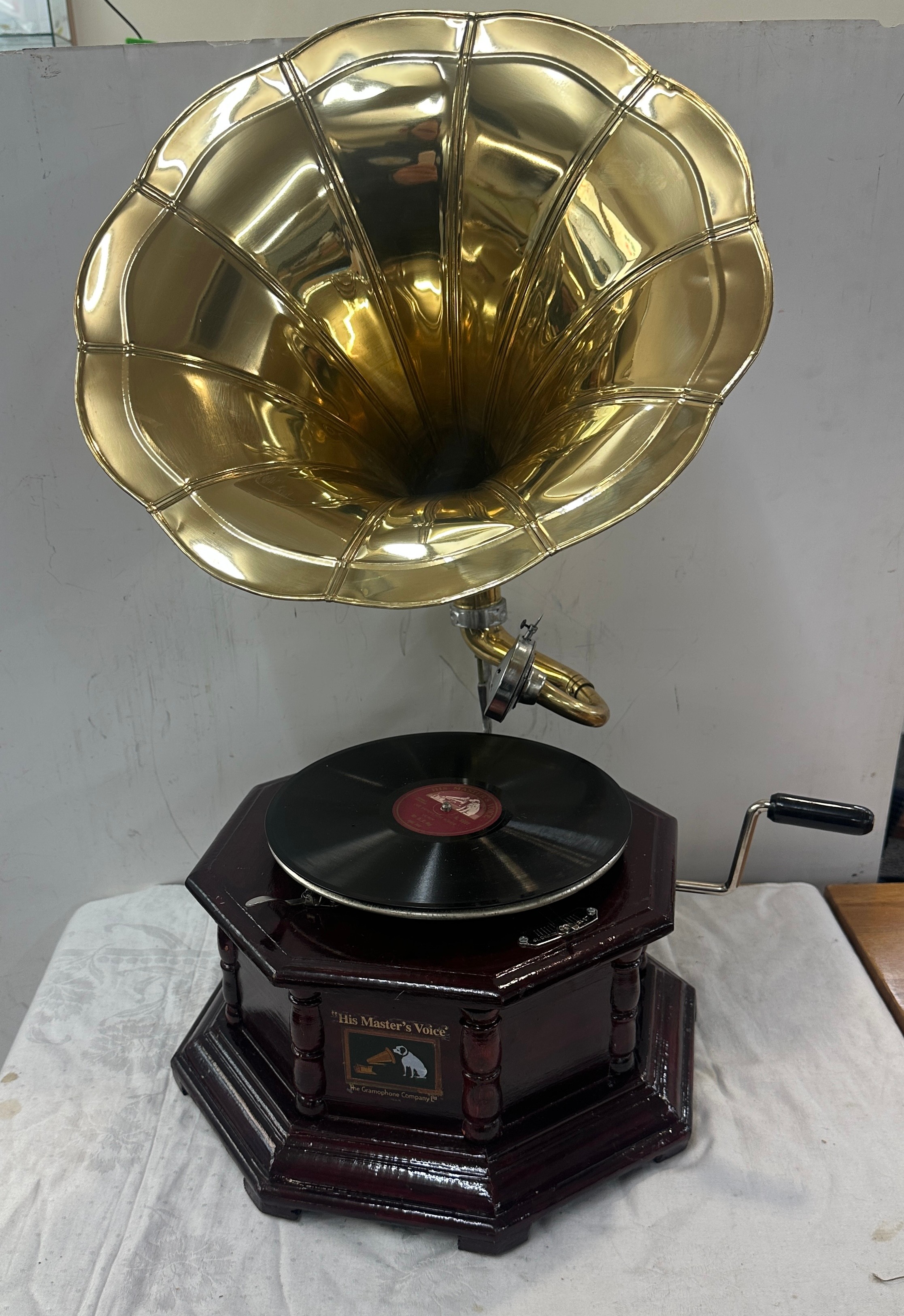 Wind up gramophone with brass horn