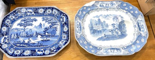 2 Vintage blue and white meat plates, af, largest measures approximately 20 wide 17 inches depth