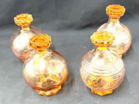 4 Art deco coloured glass decanters