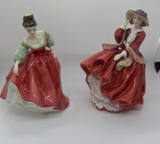 Two vintage Royal Doulton lady figures 'Top O' The Hill' HN1834 and 'Fair Lady (Red)' HN 2832