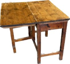 Pine one drawer one leaf table measures approx 30 inches tall, by 33.5 wide and 36 deep