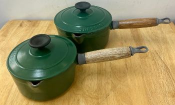 2 Vintage Invicta Chasseur green cast iron saucepan with lid 16 and 18cm, Made In France