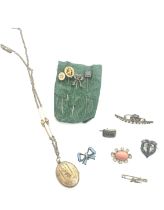 Antique jewellery to include stick pins, yellow metal Georgian brooch (probably gold), locket, chain