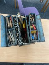 Metal tool box and contents includes saws, screw drivers etc