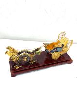 Closonnie chinese inspired Chariot dragon figure on wooden base measures approximately 14 inches