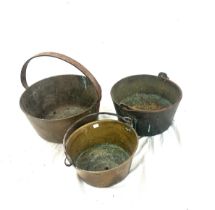 3 brass jam pans, various sizes, largest measures: Height 6 inches, diameter 12 inches