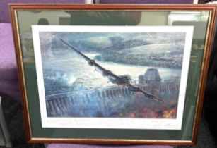 Framed aircraft print, signed " The dam busters raid May 1943, Geoff Hunt" measures approximately 26