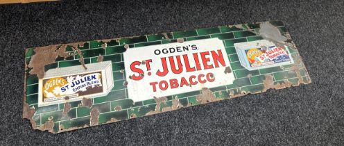 Vintage Ogdens St Julians tobacco enamel sign, approximate measurements Width 60 inches, Height 18