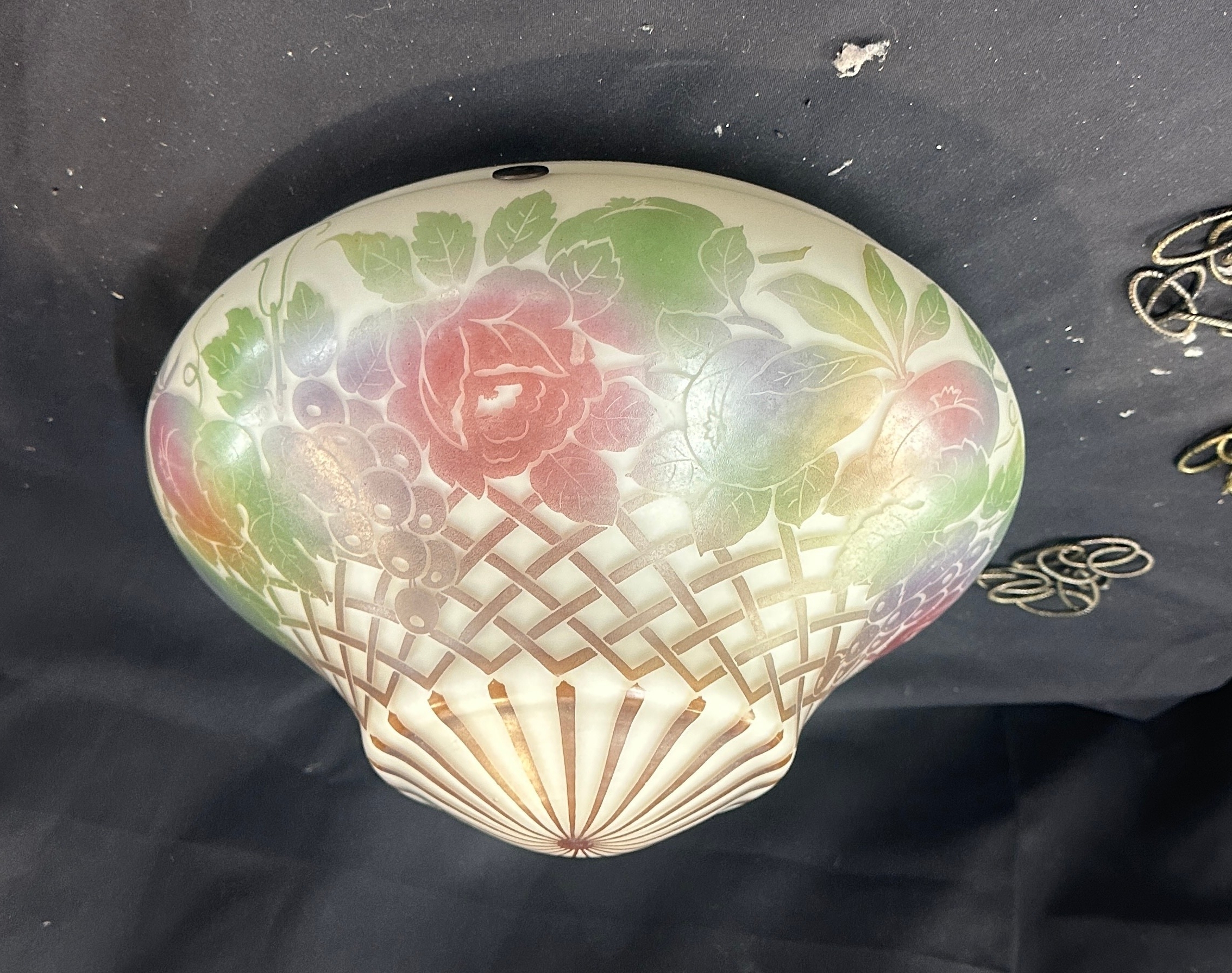 Signed Nancito french floral glass diffuser shade measures approx 40 inches diameter