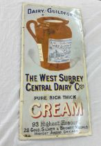Vintage enamel Dairy Guildford advertising sign, reads: The West Surrey Central Dairy Co's Pure rich