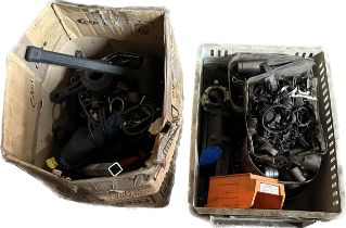 two boxes of assorted tools including drills, sockets etc