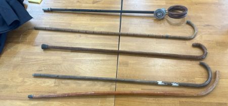 Selection of assorted walking sticks includes silver rimmed, stick stand etc