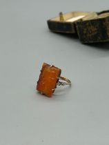 Antique vintage carved hardstone 9ct gold and silver ladies ring. Chinese