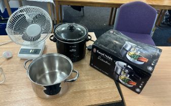 Russell hobbs pressure cooker, slow cooker, electric fan and a pan