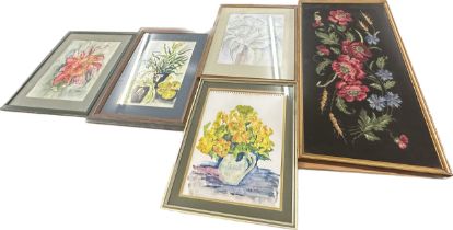 Selection of framed flower watercolours, by M Swain framed embriodery depicting flowers, largest