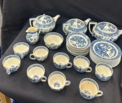 Selection of blue and white Willow Wedgwood pottery to include teapots, cups, bowls, plates,