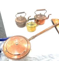 2 Vintage copper kettles, brass kettle and a bed warming pan and a copper funnel