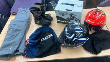 Selection of motorbike accessories includes boots Helmets, trousers etc